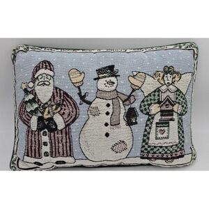 Tapestry Christmas Throw Pillow Santa Snowman Angel Holiday Decor 17x12 Vintage